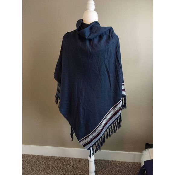 Poncho Wrap Hooded Navy One Size Fringe - Picture 4 of 7